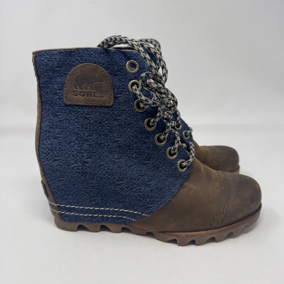 Sorel Joan Of Arctic Blue Denim Hidden Wedge Lexie Boots Lace Up Women's 6.5 - Picture 1 of 8